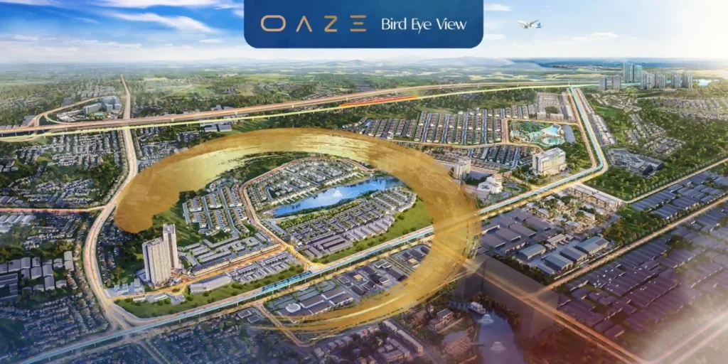 Bird Eye View lokasi Oaze Lakeside Homes Lippo Cikarang dengan akses tol, kawasan industri, dan fasilitas kota yang strategis.