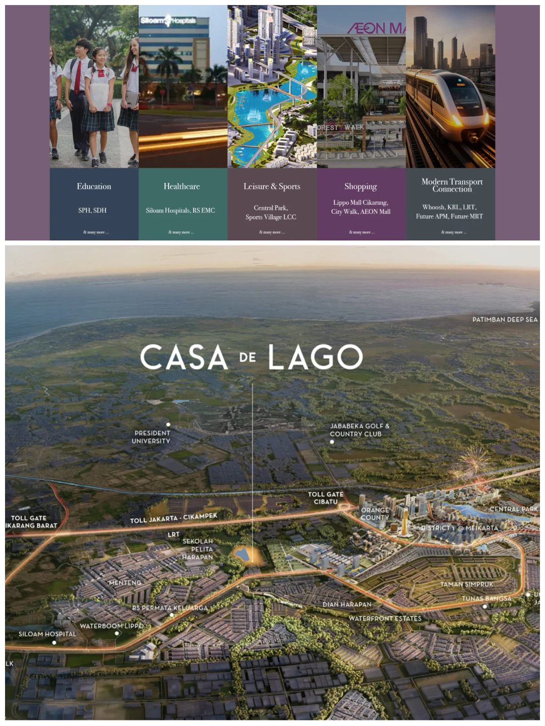 Peta lokasi Casa De Lago Lippo Cikarang dengan akses dekat tol Cibatu, Siloam Hospital, sekolah internasional, AEON Mall, dan kawasan bisnis.