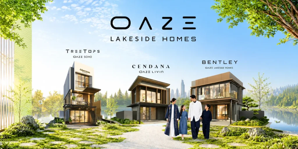 Rumah Cluster OAZE Lakeside Homes Lippo Cikarang dengan pilihan tipe rumah Treetops SOHO, Cendana, dan Bentley di kawasan hunian premium yang strategis.