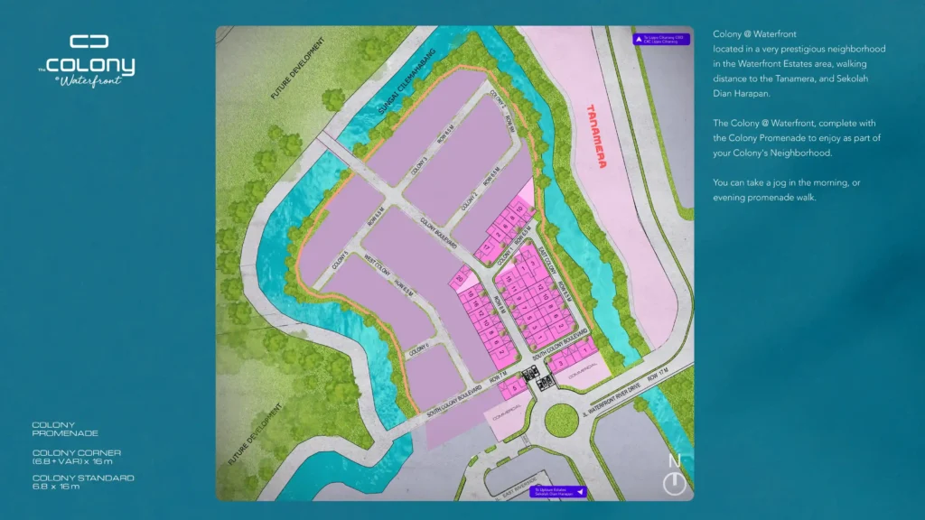 Site Plan The Colony @ Waterfront Lippo Cikarang yang menampilkan layout cluster, boulevard utama, area promenade, kavling rumah, akses jalan, dan lingkungan sekitar.