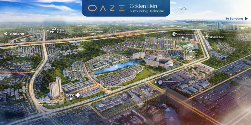 Peta fasilitas kesehatan di sekitar Oaze Lakeside Homes Lippo Cikarang yang menunjukkan kedekatan dengan Siloam Hospitals, EMC Healthcare, Mitra Keluarga, RS Permata Keluarga, dan RS Hosana Medica.