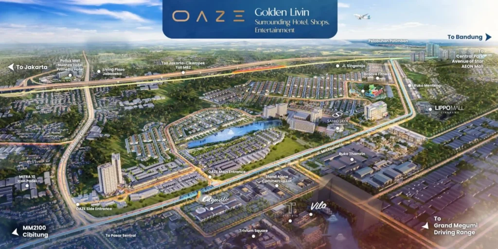 Peta fasilitas lifestyle di sekitar Oaze Lakeside Homes Lippo Cikarang yang menunjukkan Lippo Mall Cikarang, AEON Mall, hotel, pusat perbelanjaan, area komersial, dan pusat hiburan.