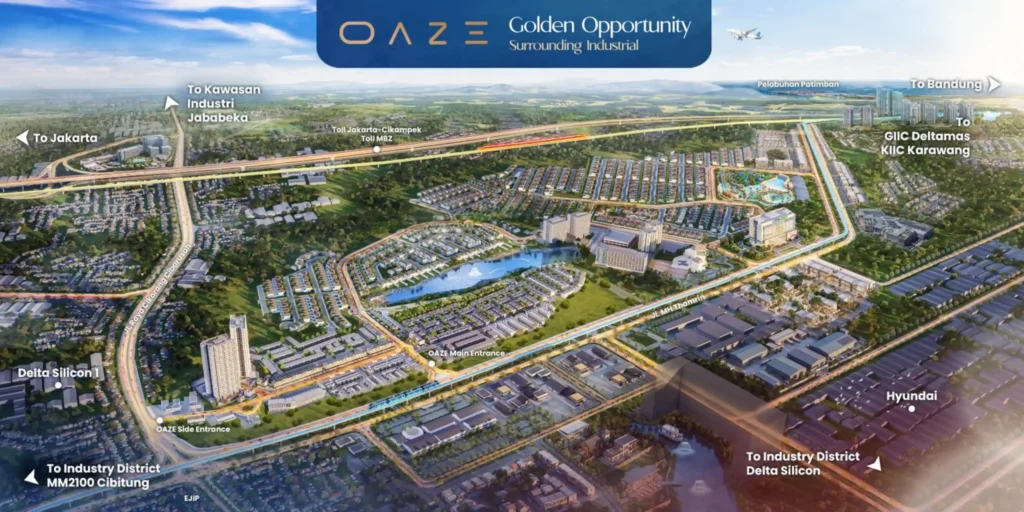 Peta kawasan industri di sekitar Oaze Lakeside Homes Lippo Cikarang yang menunjukkan kedekatan dengan Jababeka, EJIP, Delta Silicon, MM2100, GIIC Deltamas, dan KIIC Karawang.
