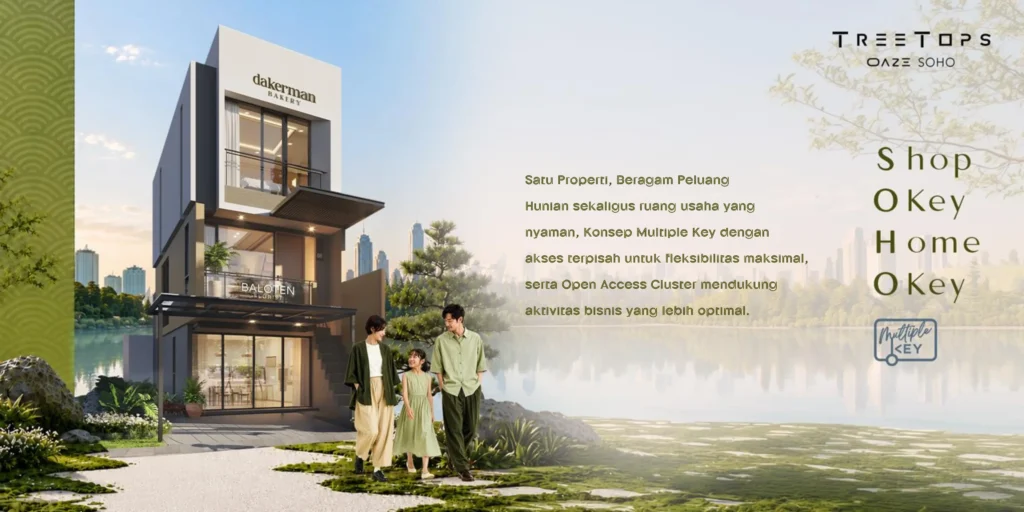 Type SOHO Treetops di Oaze Lakeside Homes Lippo Cikarang, ruko hunian modern tiga lantai multifungsi untuk tempat tinggal sekaligus usaha di lokasi strategis.