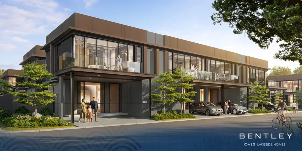 Tampilan fasad Type Bentley di Oaze Lakeside Homes Lippo Cikarang, hunian modern dua lantai dengan desain premium dan lingkungan hijau.