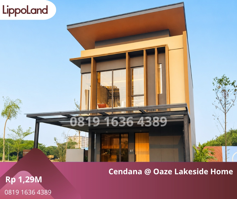 Tampilan fasad Type Cendana di Oaze Lakeside Homes Lippo Cikarang dengan desain rumah modern dua lantai, carport luas, dan lingkungan hijau yang nyaman.