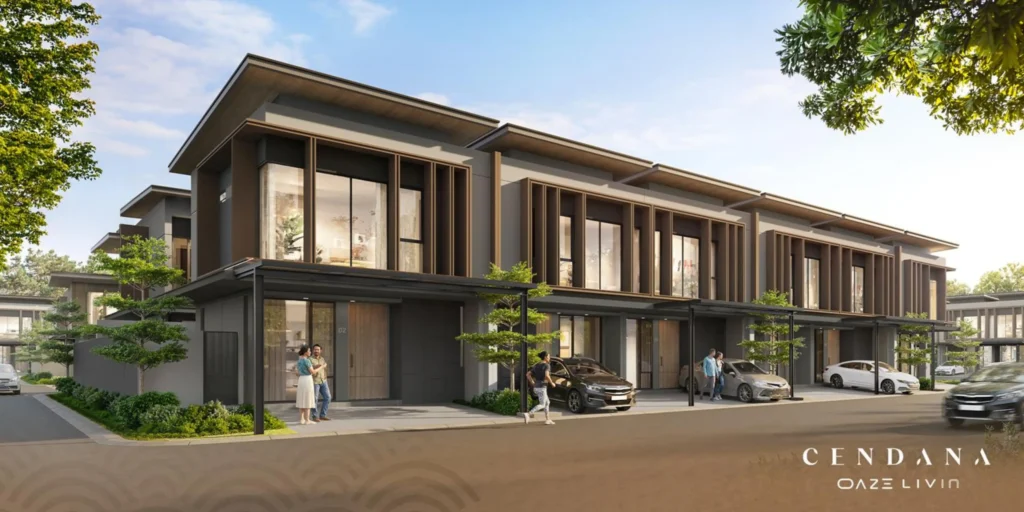 Tampilan fasad Type Cendana di Oaze Lakeside Homes Lippo Cikarang dengan desain rumah modern dua lantai, carport luas, dan lingkungan hijau yang nyaman.