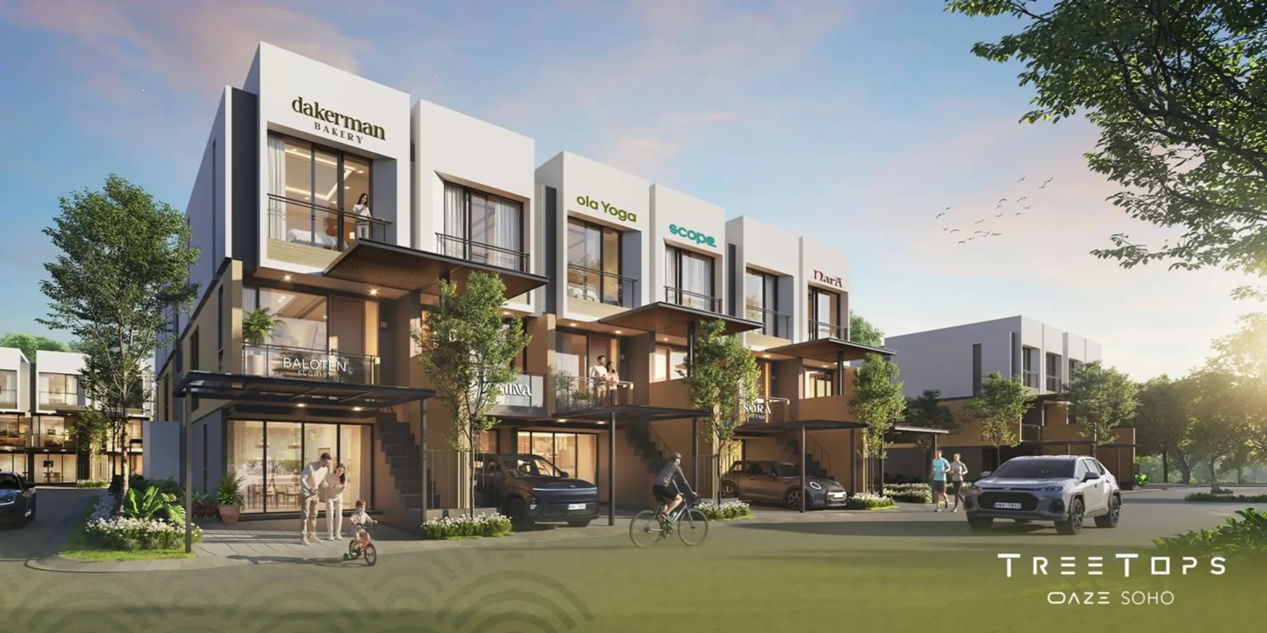 Type SOHO Treetops di Oaze Lakeside Homes Lippo Cikarang, ruko hunian modern tiga lantai multifungsi untuk tempat tinggal sekaligus usaha di lokasi strategis.