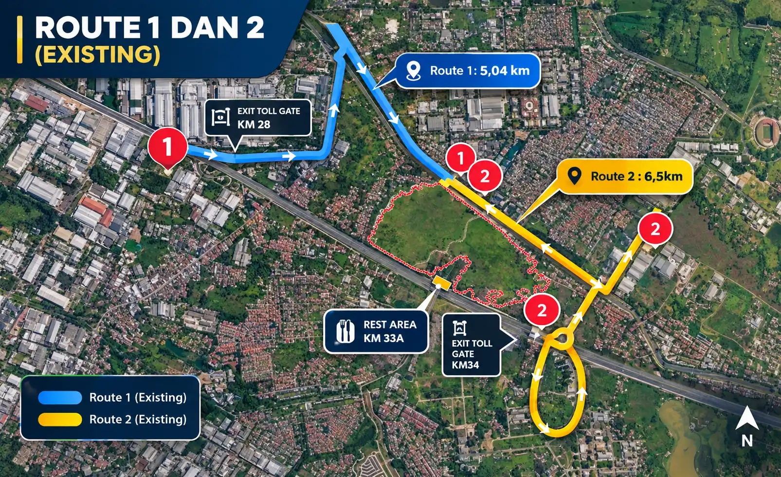 Peta Route 1 dan Route 2 akses tol KM 28 dan KM 34 menuju kawasan Lippo Cikarang